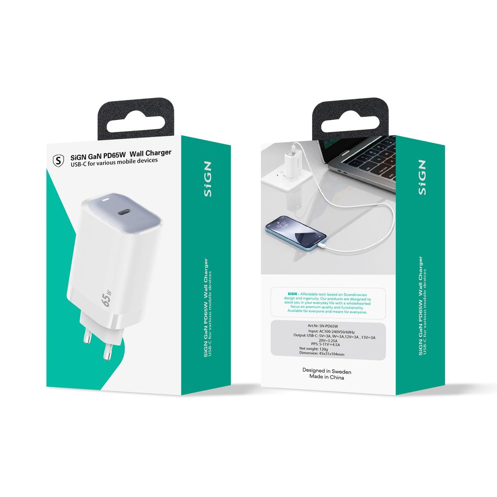 SiGN 65W Snabbladdare USB-C PD Valkoinen