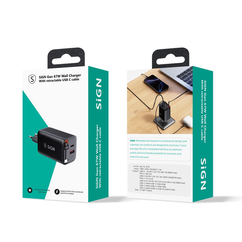 SiGN 65W Snabbladdare GaN med utdragbar USB-C kabel Musta
