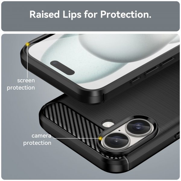 iPhone 16 Plus -kuori, harjattu hiilikuitukuvio, musta