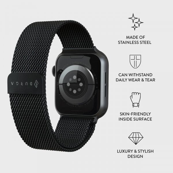Burga Apple Watch 44/45/46mm/Ultra 49mm ranneke Metal Mesh, musta