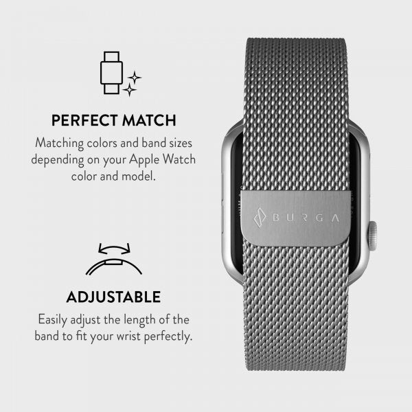 Burga Apple Watch 44/45/46mm/Ultra 49mm ranneke, metalliverkko, hopea