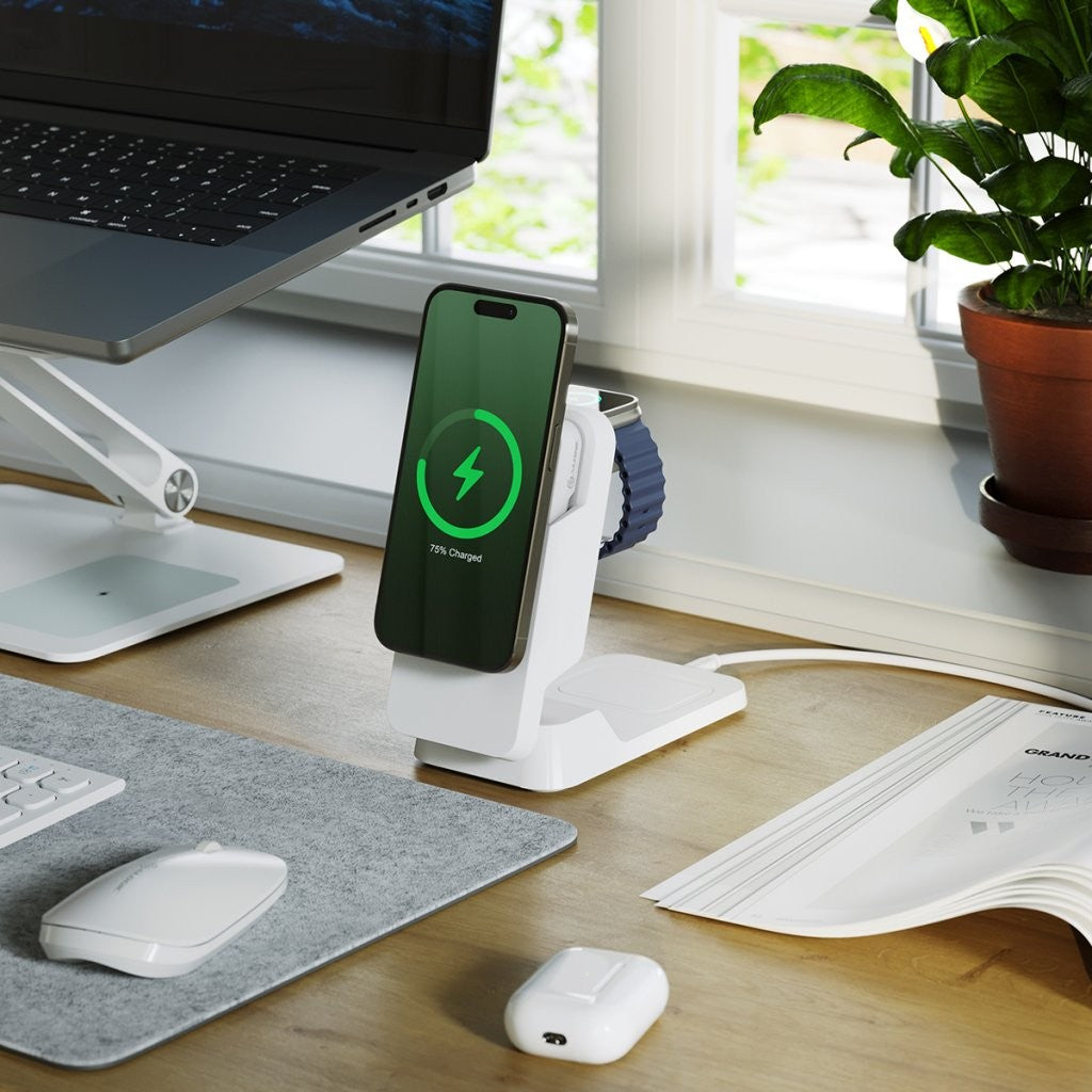 Alogic Matrix Ultimate 3-in-1 Langaton laturi med Powerbank MagSafe Valkoinen