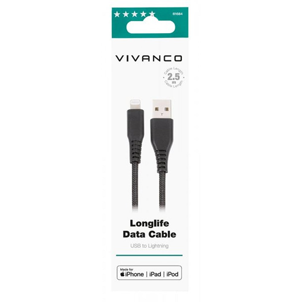 Vivanco Kaapeli Longlife Punottu USB-A/Lightning 2.5m Musta