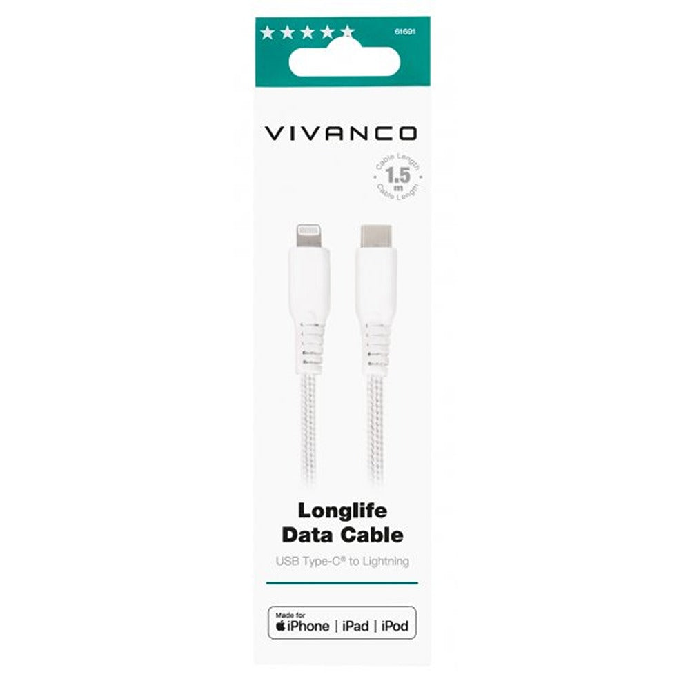 Vivanco Kaapeli Longlife Punottu USB-C/Lightning 1.5m Valkoinen