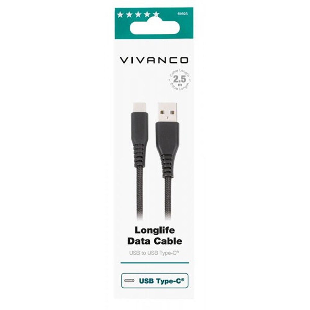 Vivanco Kaapeli Longlife Punottu USB-A/USB-C 2.5m Musta