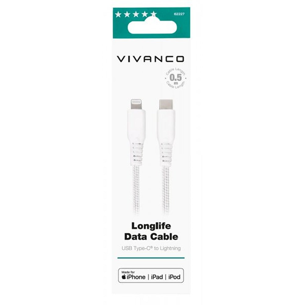 Vivanco Kaapeli Longlife Punottu USB-C/Lightning 0.5m Valkoinen