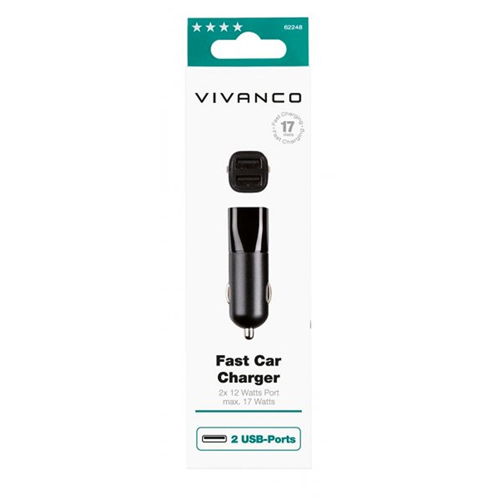 Vivanco Autolaturi Kiinteä autolaturi 2xUSB-A 17W Musta