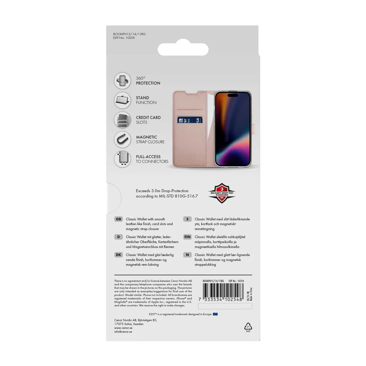 X2O iPhone 13/14/15 Kotelo Classic Wallet Ruusukulta