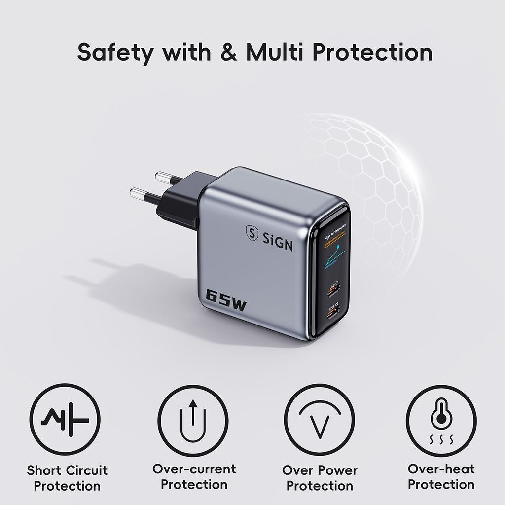 SiGN 65W Seinälataaja näytöllä 2xUSB-C/1x USB-A Harmaa