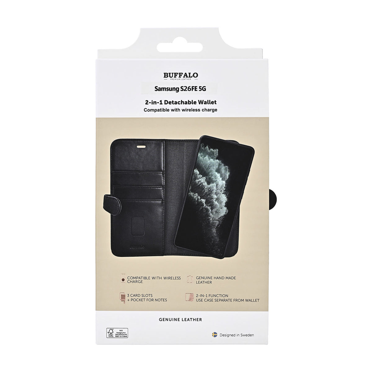 Buffalo Samsung Galaxy S26 FE Kotelo 2-in-1 Aito Nahka 3 Korttitasku Musta