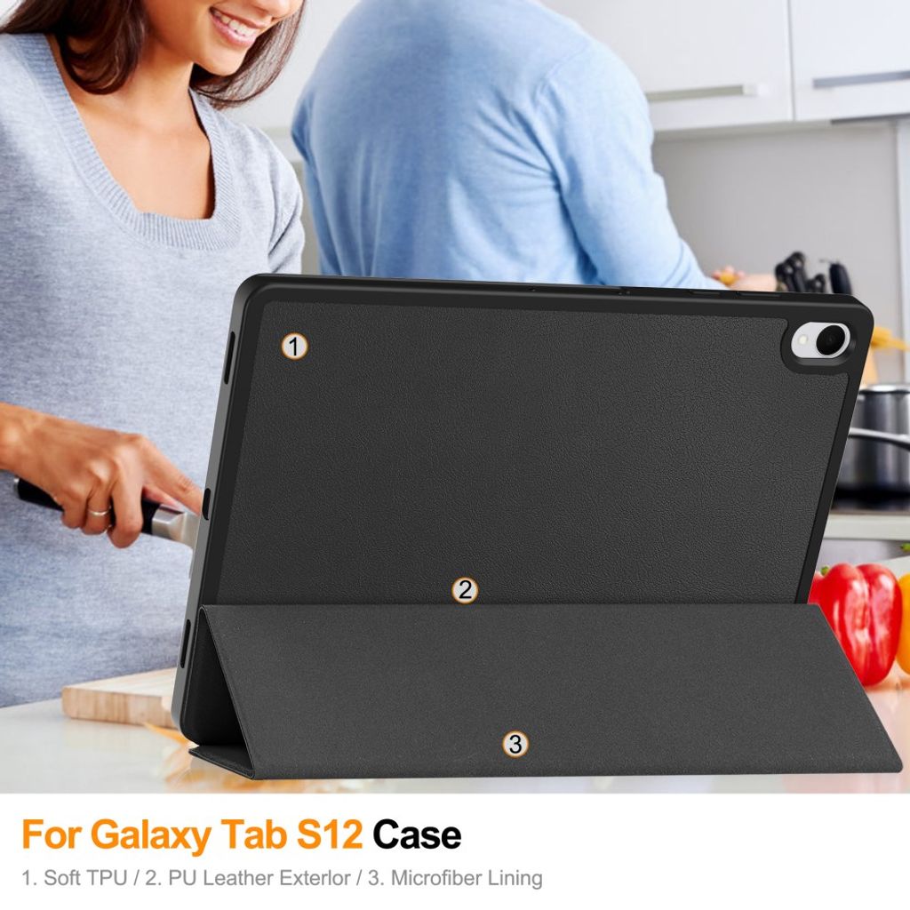Samsung Galaxy Tab S12 Plus Kotelo Tri-Fold kynätasku Musta