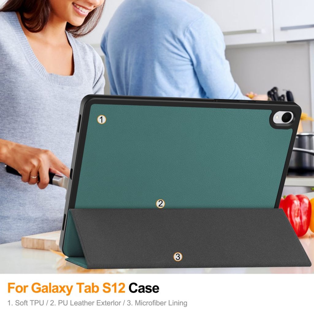 Samsung Galaxy Tab S12 Plus Kotelo Tri-Fold kynätasku Vihreä