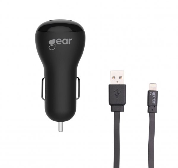 Gear Autolaturi 2xUSB 2.4A Lightning-kaapeli 1m MFI Musta