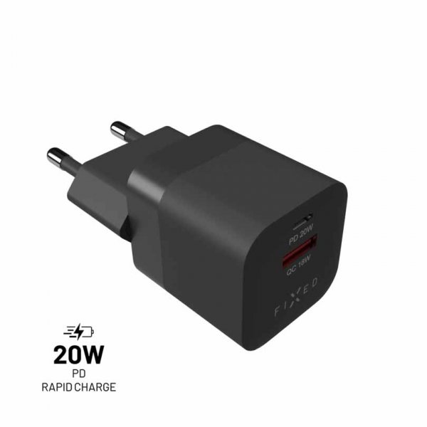 Fixed Laddare Mini PD Reseladdare USB-C & USB-A 20W Svart