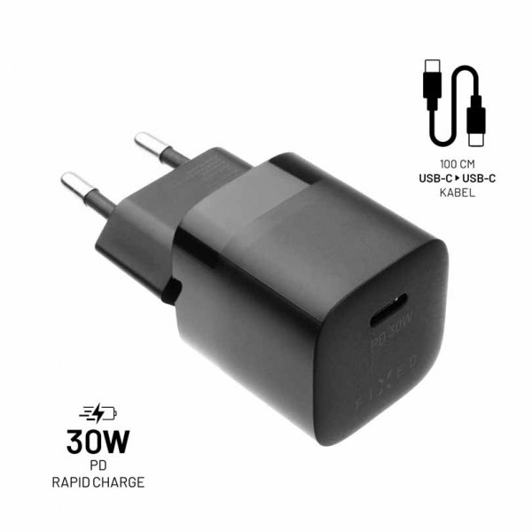 Fixed Laturi kaapelilla Mini PD Matkalaturisarja USB-C/USB-C 30W Musta