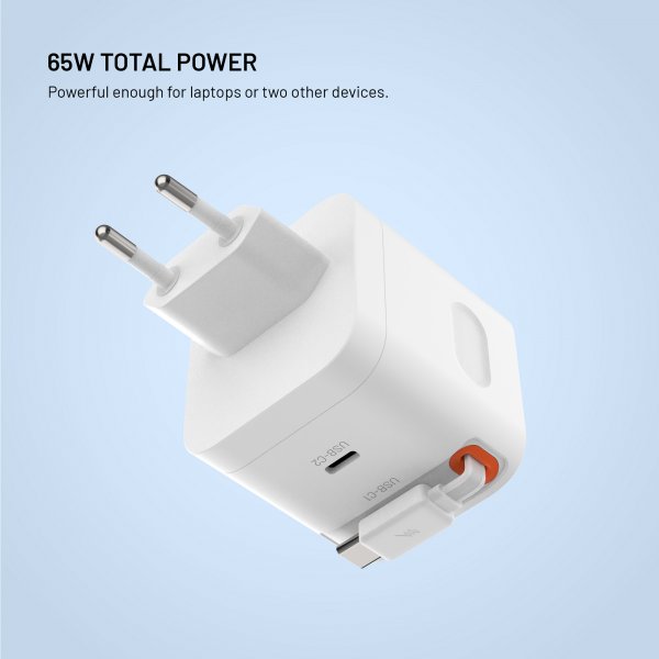 Kiinteä GaN65-laturi, jossa ulosvedettävä USB-C-kaapeli 65 W