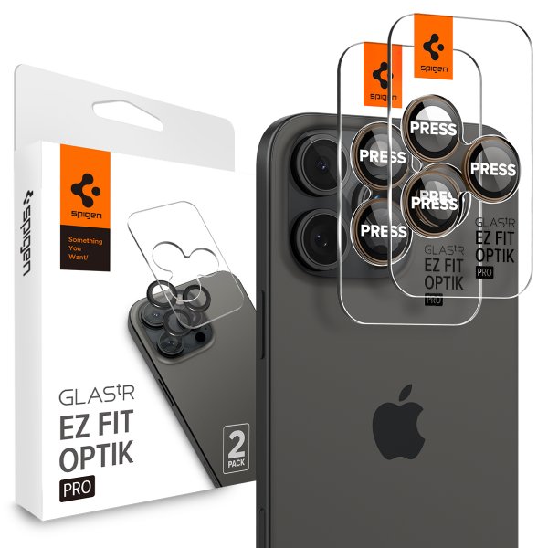 Spigen iPhone 16 Pro/Pro Max/17 Pro/Pro Max Kameran suojalasi GLAS.tR EZ Fit Optik Pro 2-pakkaus Desert Titanium