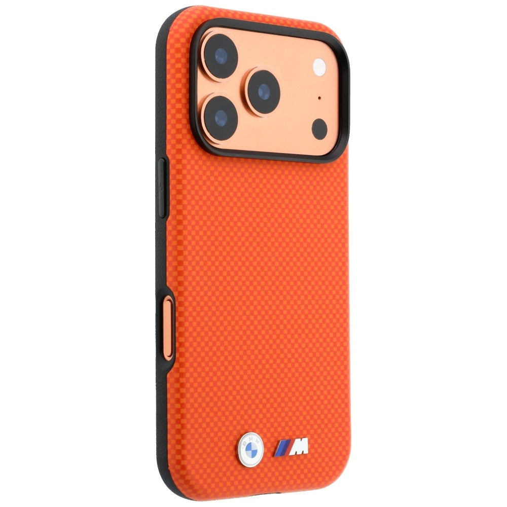 BMW iPhone 17 Pro Max/iPhone 18 Pro Max Kuori M Ruudullinen Kevlar-metallilogo Oranssi