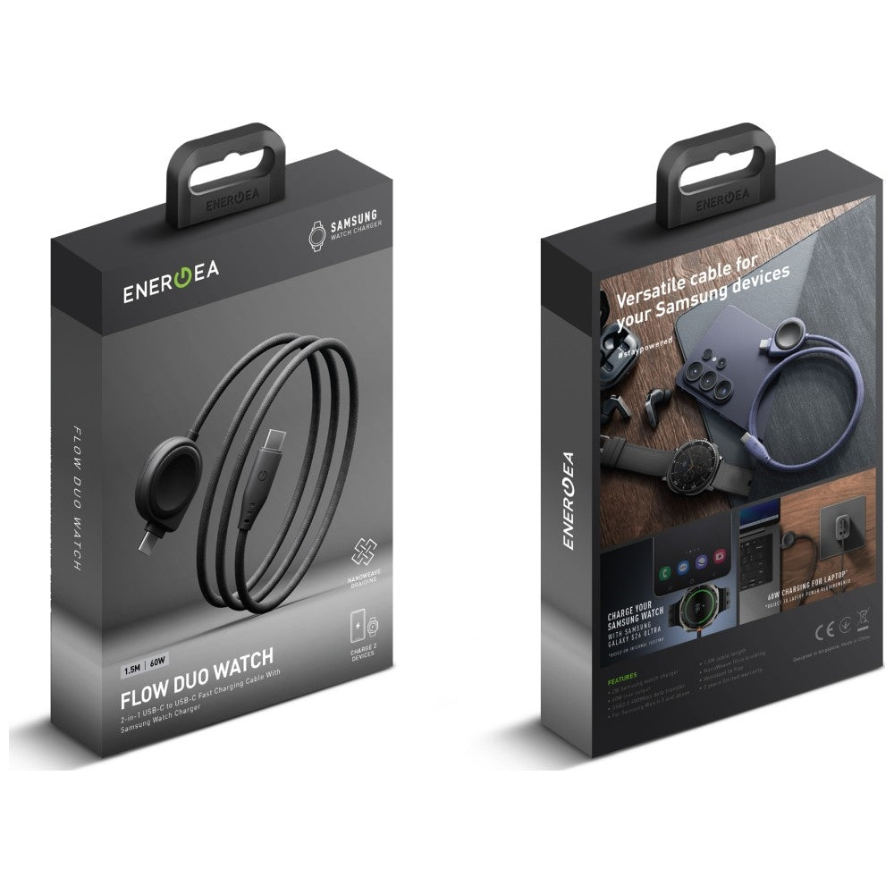 Energea Flow Duo 2-in-1 USB-C-latauskaapeli Samsung Galaxy Watch -laturilla 1,5 m
