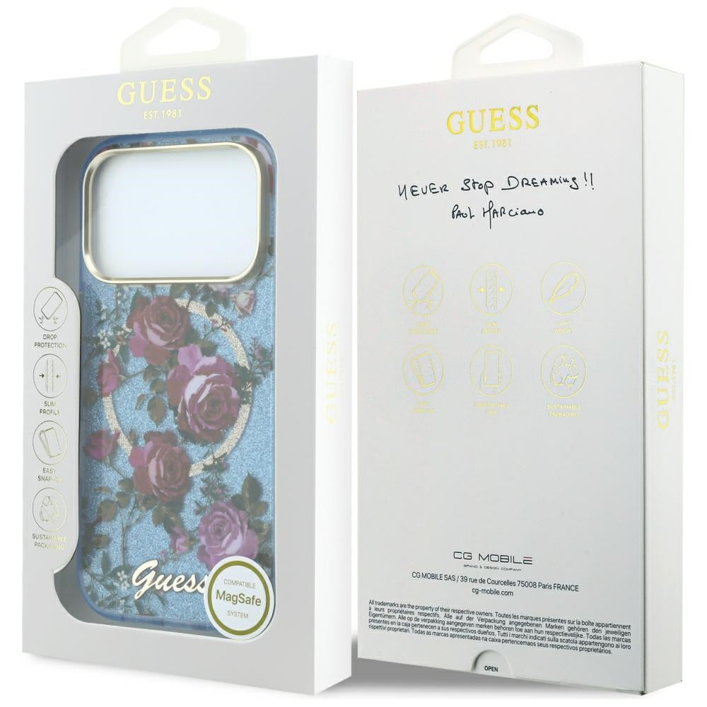 Guess iPhone 17 Pro Max/iPhone 18 Pro Max Kuori Glitter Blossom Roses Sininen
