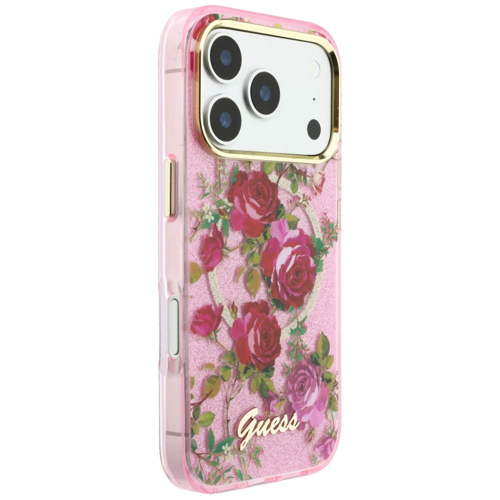 Guess iPhone 17 Pro/iPhone 18 Pro Kuori Glitter Blossom Roses Vaaleanpunainen