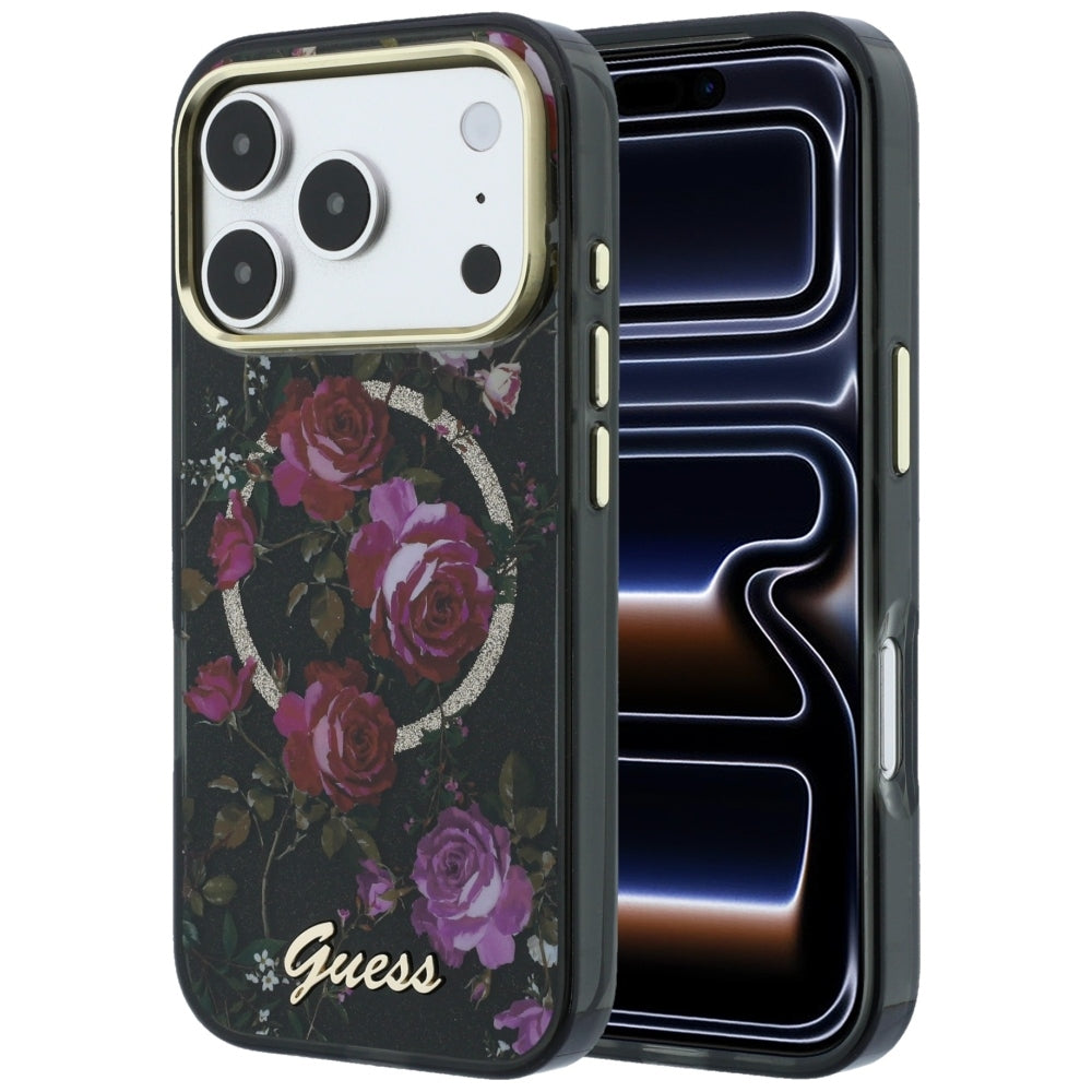 Guess iPhone 17 Pro/iPhone 18 Pro Kuori Glitter Blossom Roses Musta