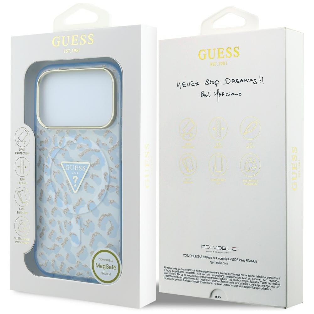 Guess iPhone 17 Pro Max/iPhone 18 Pro Max Kuori Leopard Glitter Sininen
