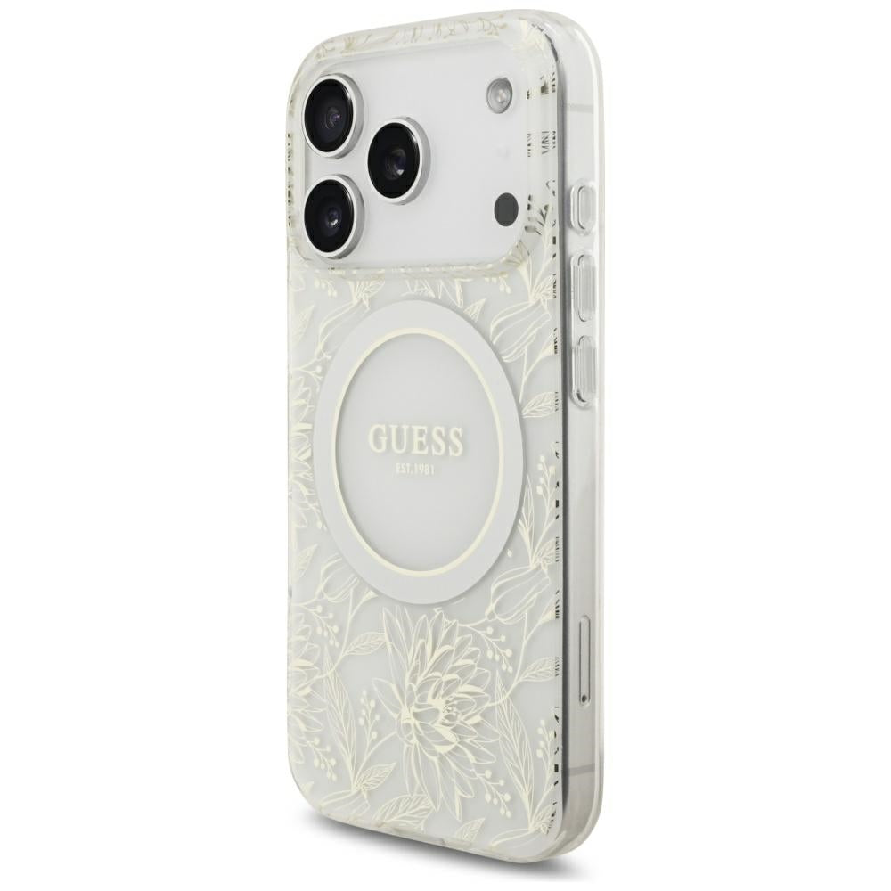 Guess iPhone 17 Pro/iPhone 18 Pro Kuori Electroplated Flowers Pearl Strap Valkoinen