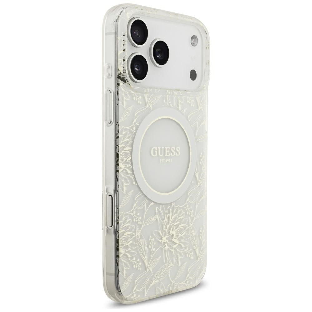 Guess iPhone 17 Pro Max/iPhone 18 Pro Max Kuori sähköpinnoitetuilla kukilla, helmiäisellä hihnalla, Valkoinen