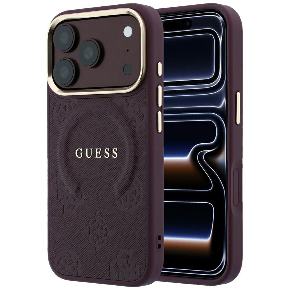 Guess iPhone 17 Pro Max/iPhone 18 Pro Max Kuori Saffiano Pioni kohokuvioitu MagSafe Burgundy