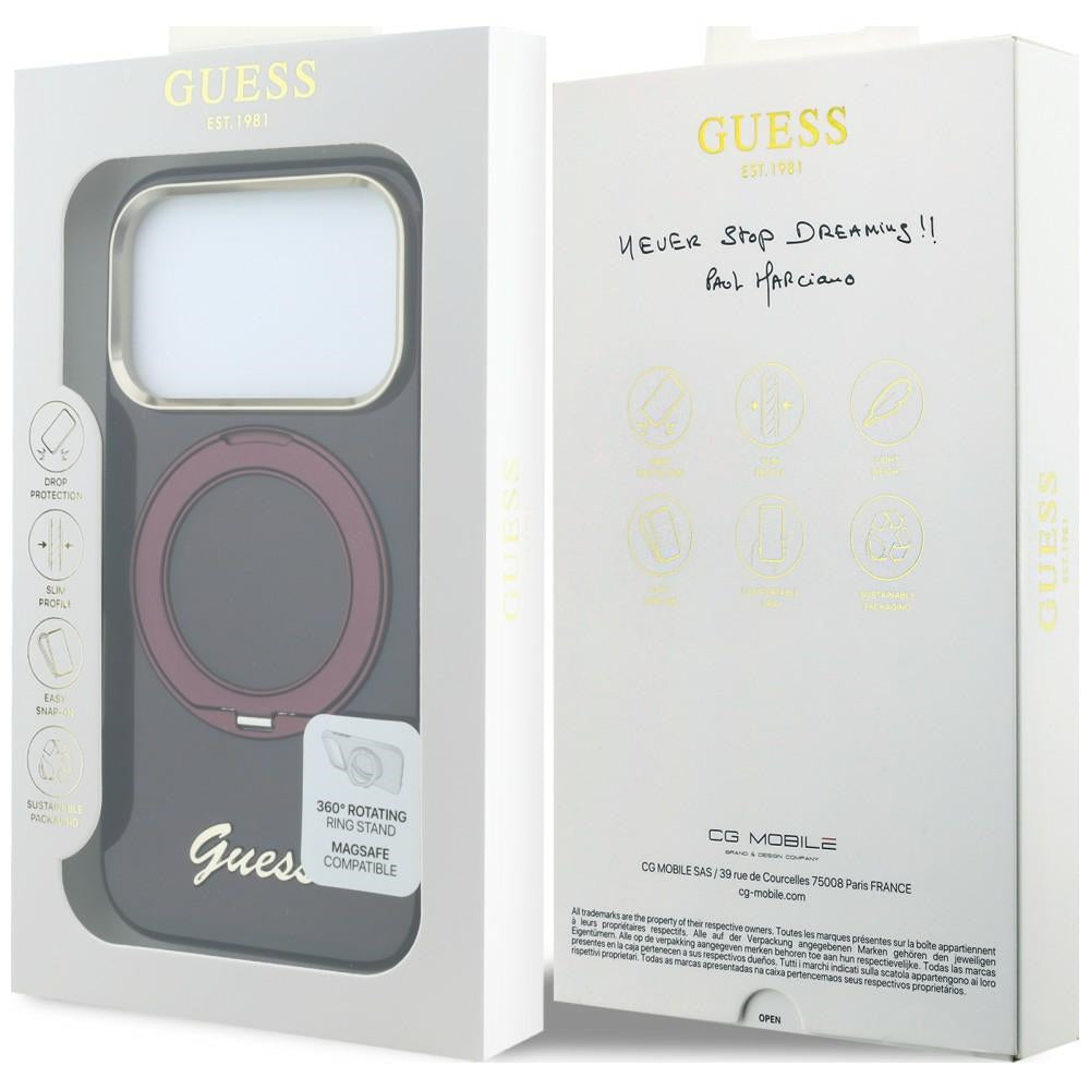 Guess iPhone 17 Pro/iPhone 18 Pro Kuori Ring Stand Script Logo Burgundy