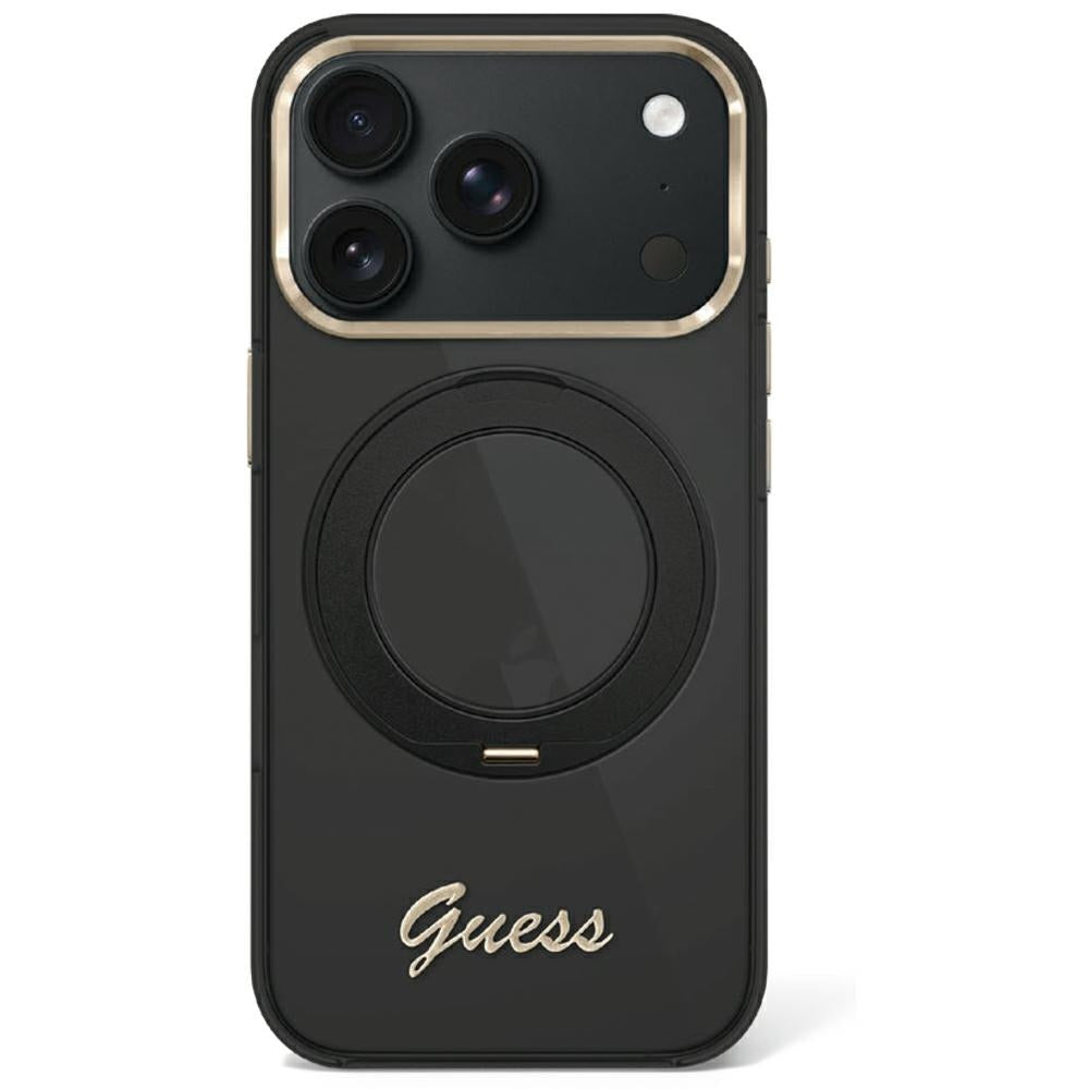 Guess iPhone 17 Pro Max/iPhone 18 Pro Max Kuori Ring Stand Script Logo Musta