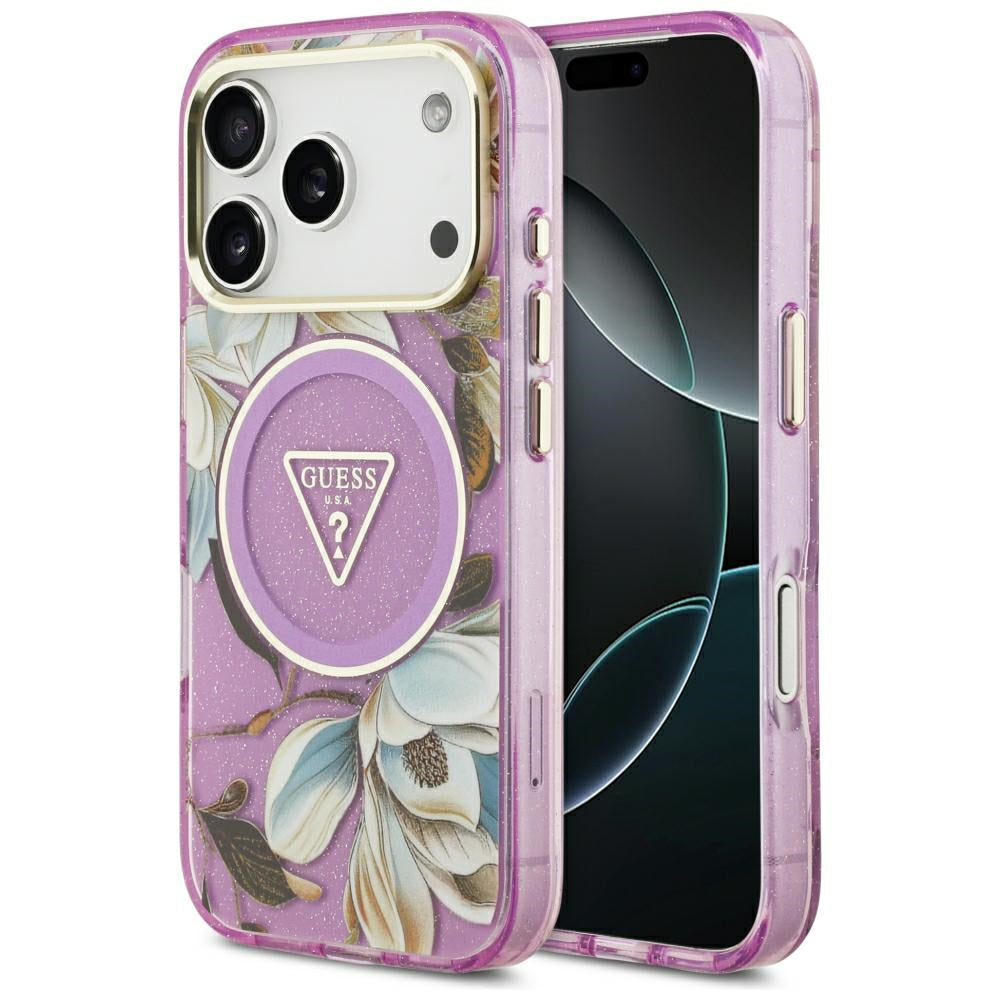 Guess iPhone 17 Pro/iPhone 18 Pro Kuori Glitter Flowers Violetti