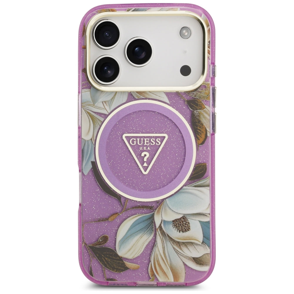 Guess iPhone 17 Pro/iPhone 18 Pro Kuori Glitter Flowers Violetti