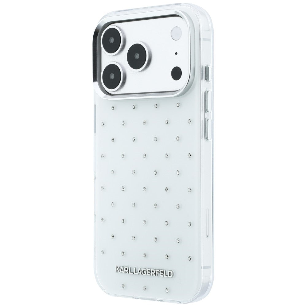 Karl Lagerfeld iPhone 17 Pro Max/iPhone 18 Pro Max Kuori strasseilla, galvanisoitu logo Valkoinen