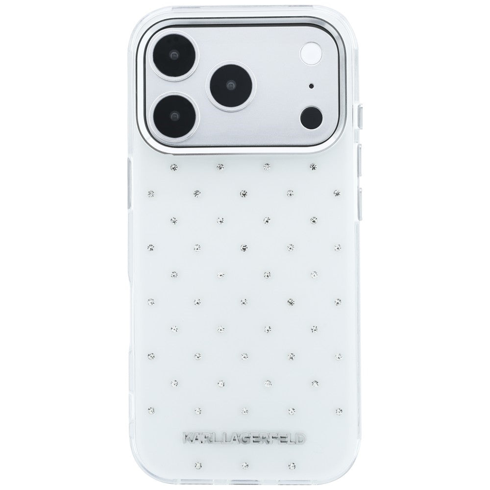 Karl Lagerfeld iPhone 17 Pro Max/iPhone 18 Pro Max Kuori strasseilla, galvanisoitu logo Valkoinen