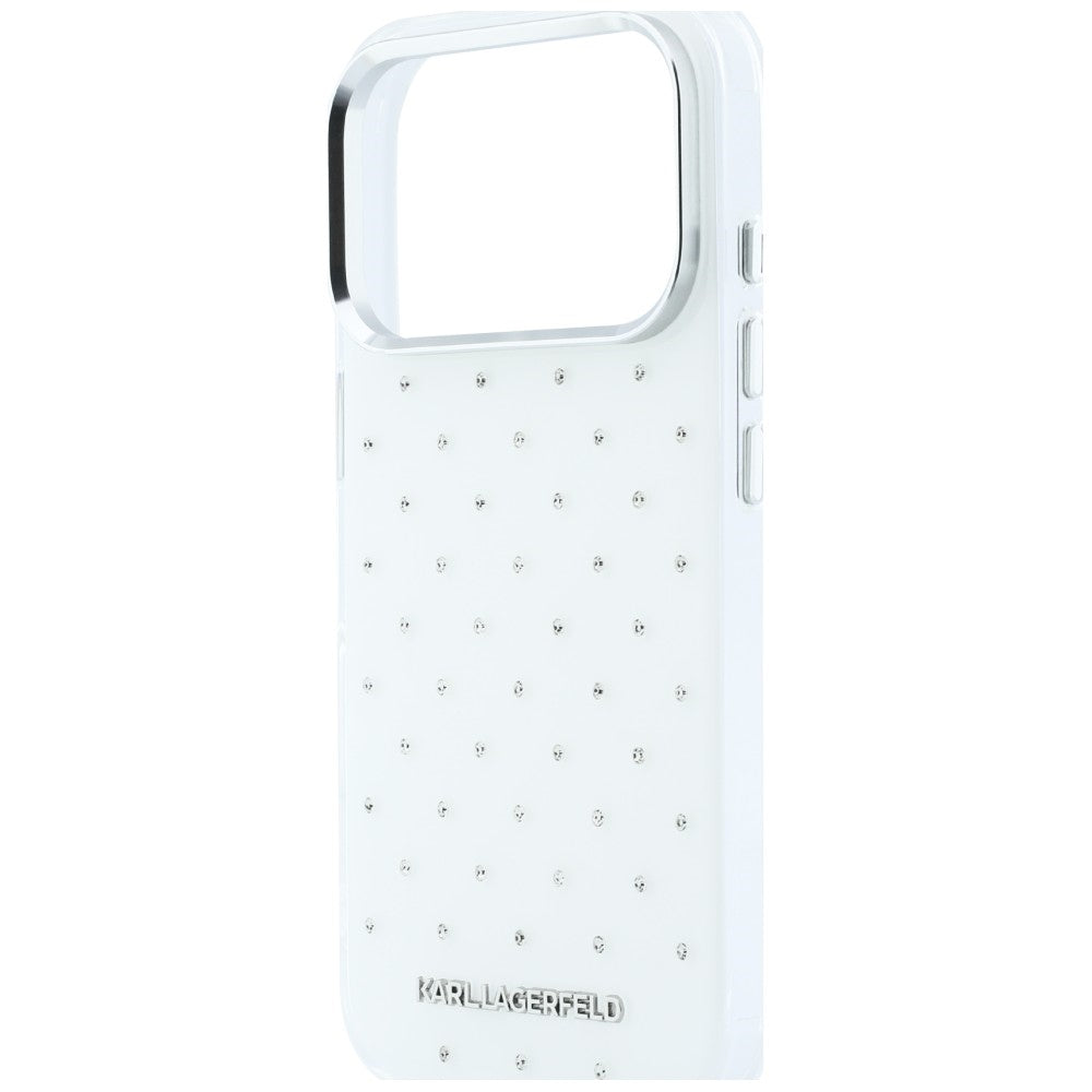 Karl Lagerfeld iPhone 17 Pro Max/iPhone 18 Pro Max Kuori strasseilla, galvanisoitu logo Valkoinen