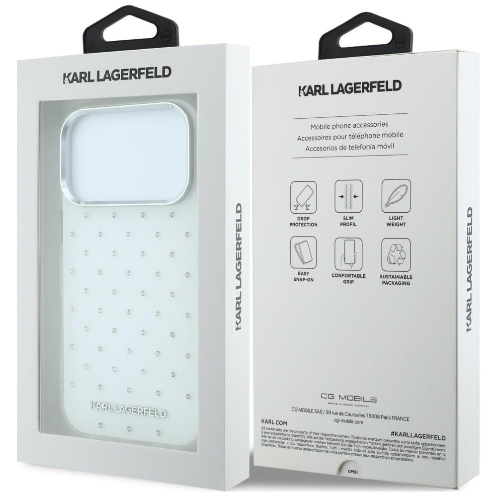 Karl Lagerfeld iPhone 17 Pro Max/iPhone 18 Pro Max Kuori strasseilla, galvanisoitu logo Valkoinen