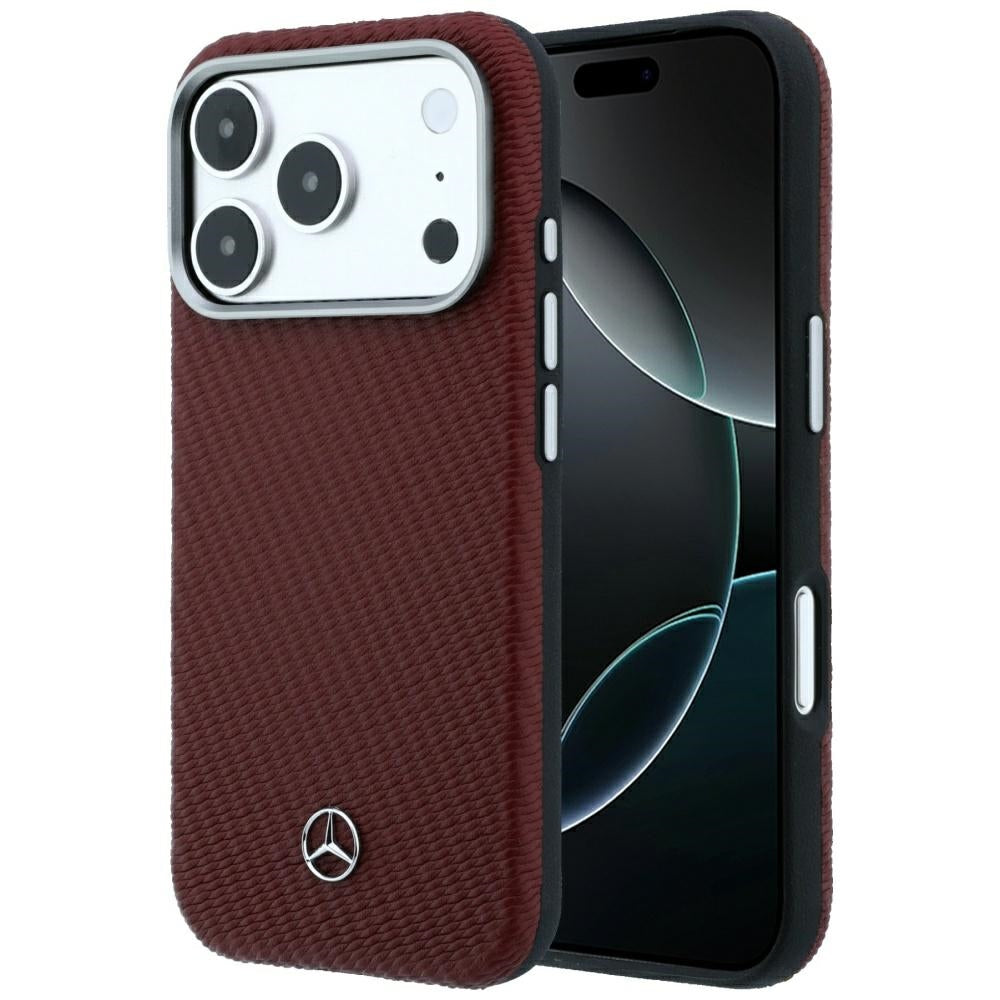 Mercedes Benz iPhone 17 Pro Max/iPhone 18 Pro Max Kuori nahkaa, puujäljitelmä, viininpunainen
