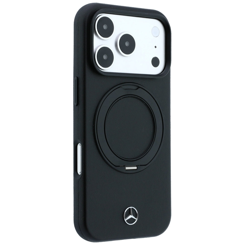 Mercedes Benz iPhone 17 Pro/iPhone 18 Pro -kuori nahkaa, rengasteline, Musta