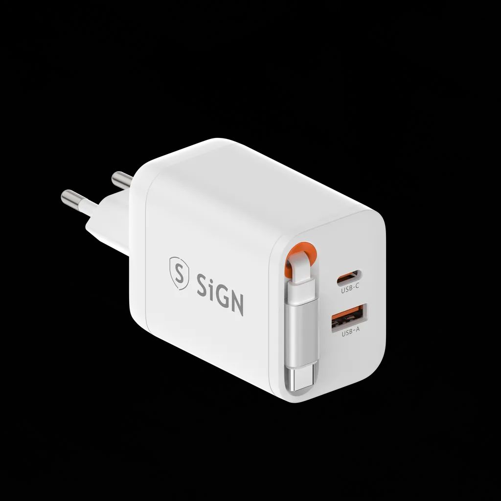 SiGN 65W Snabbladdare GaN med utdragbar USB-C kabel Valkoinen