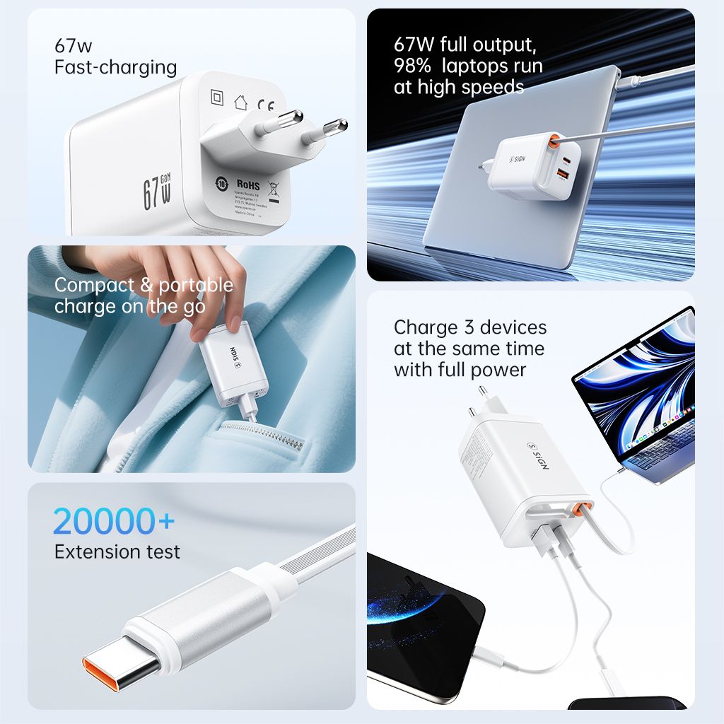 SiGN 65W Snabbladdare GaN med utdragbar USB-C kabel Valkoinen