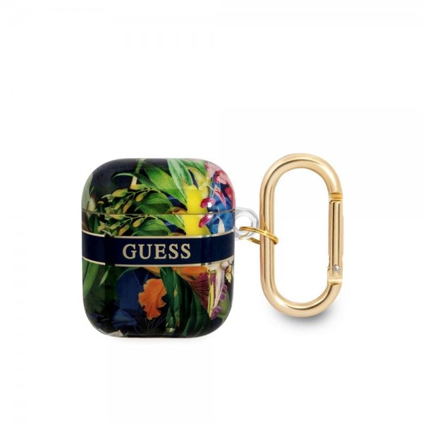 Guess AirPods 1/2-kuori kukkakuviolla ja kultaisella koukulla, sininen