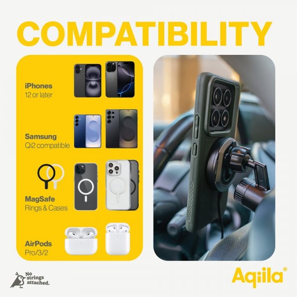 Aqiila Autoteline langattomalla latauksella Chargebird QC1 Qi2 MagSafe 15W