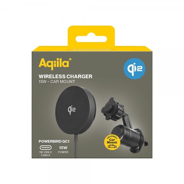 Aqiila Autoteline langattomalla latauksella Chargebird QC1 Qi2 MagSafe 15W