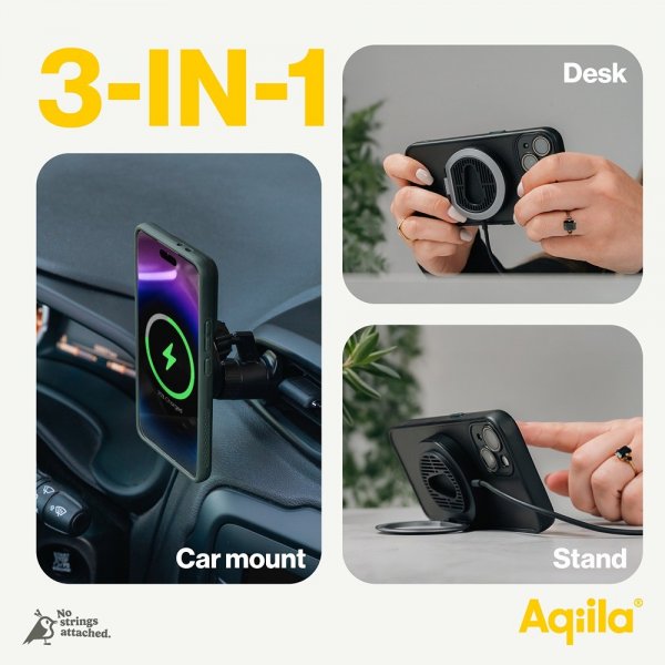 Aqiila Autoteline langattomalla latauksella Chargebird QC1 Qi2 MagSafe 15W