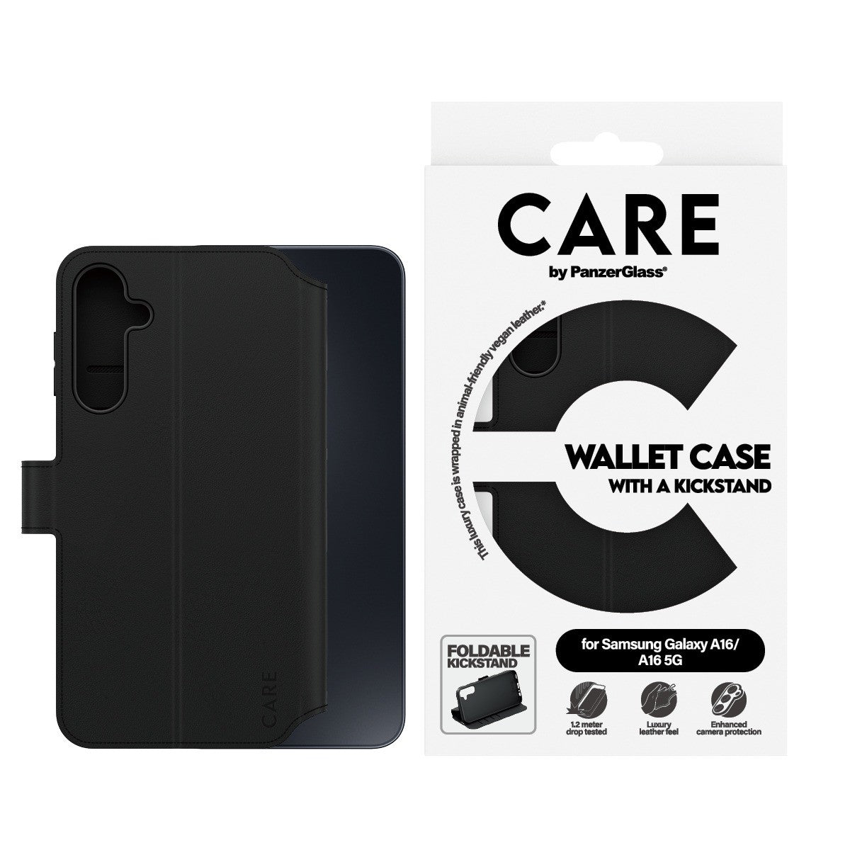 CARE by PanzerGlass Samsung Galaxy A16 Kotelo Wallet Kickstand Musta