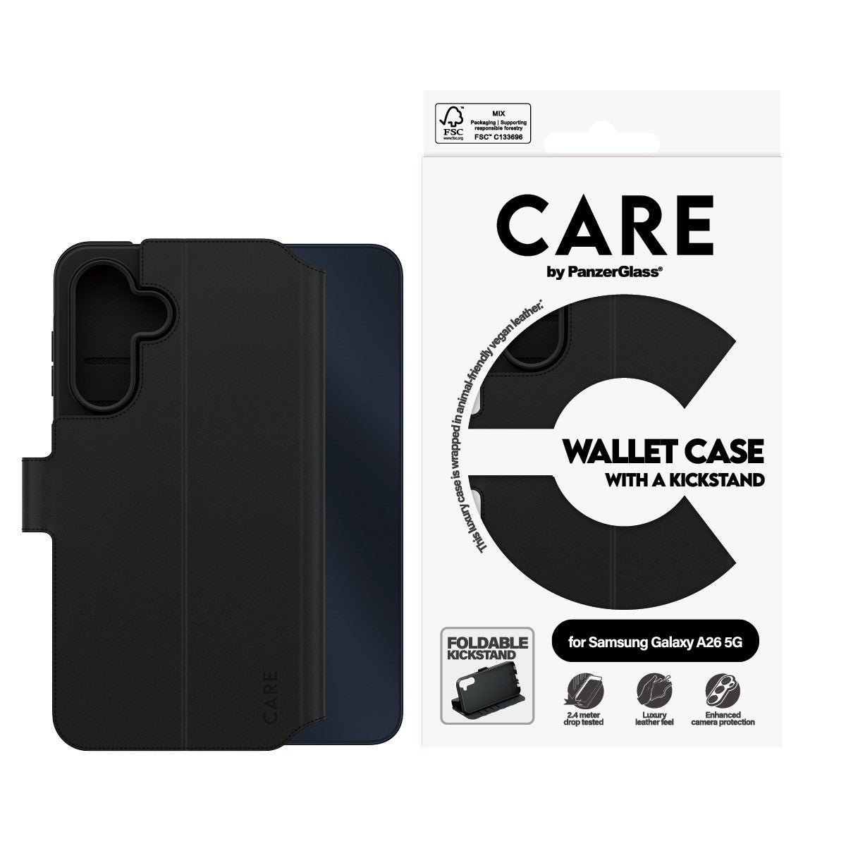 CARE by PanzerGlass Samsung Galaxy A26 Kotelo Wallet Kickstand Musta