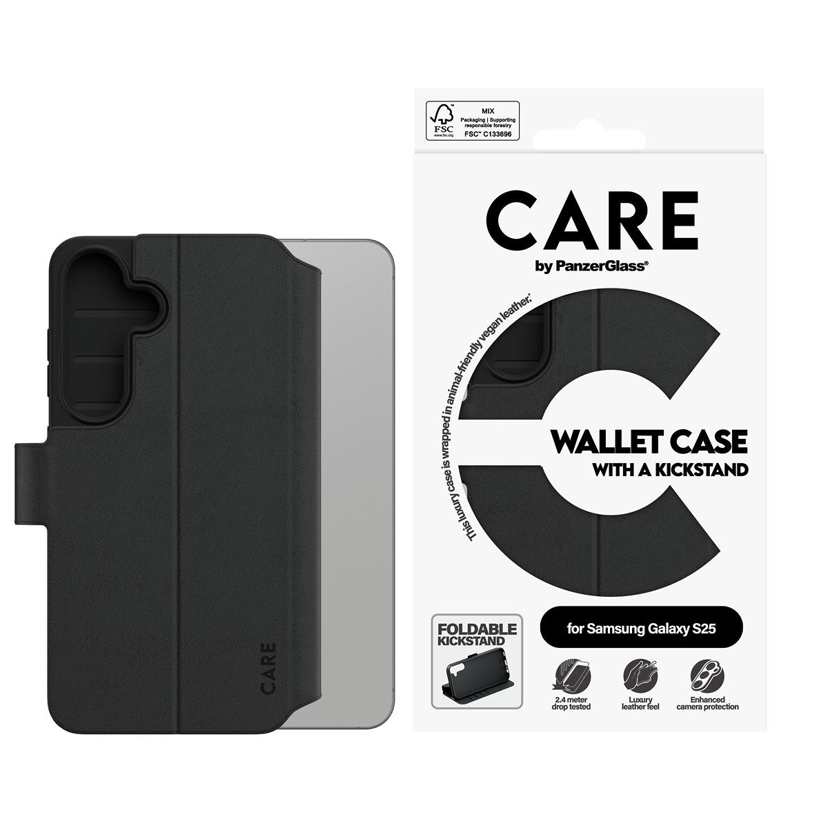 CARE by PanzerGlass Samsung Galaxy S25 Kotelo Wallet Kickstand Musta