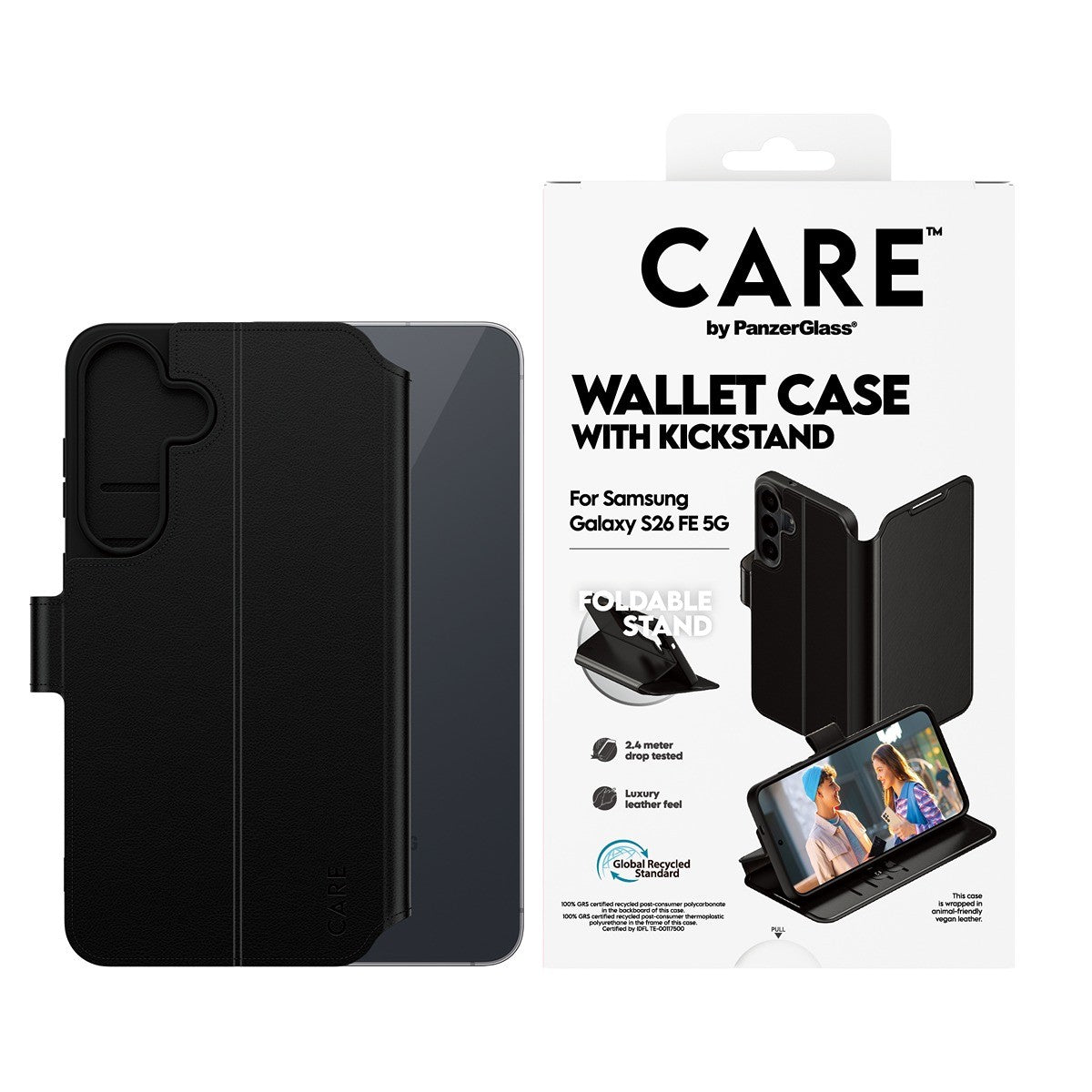 CARE by PanzerGlass Samsung Galaxy S26 FE Kotelo Wallet Kickstand Musta